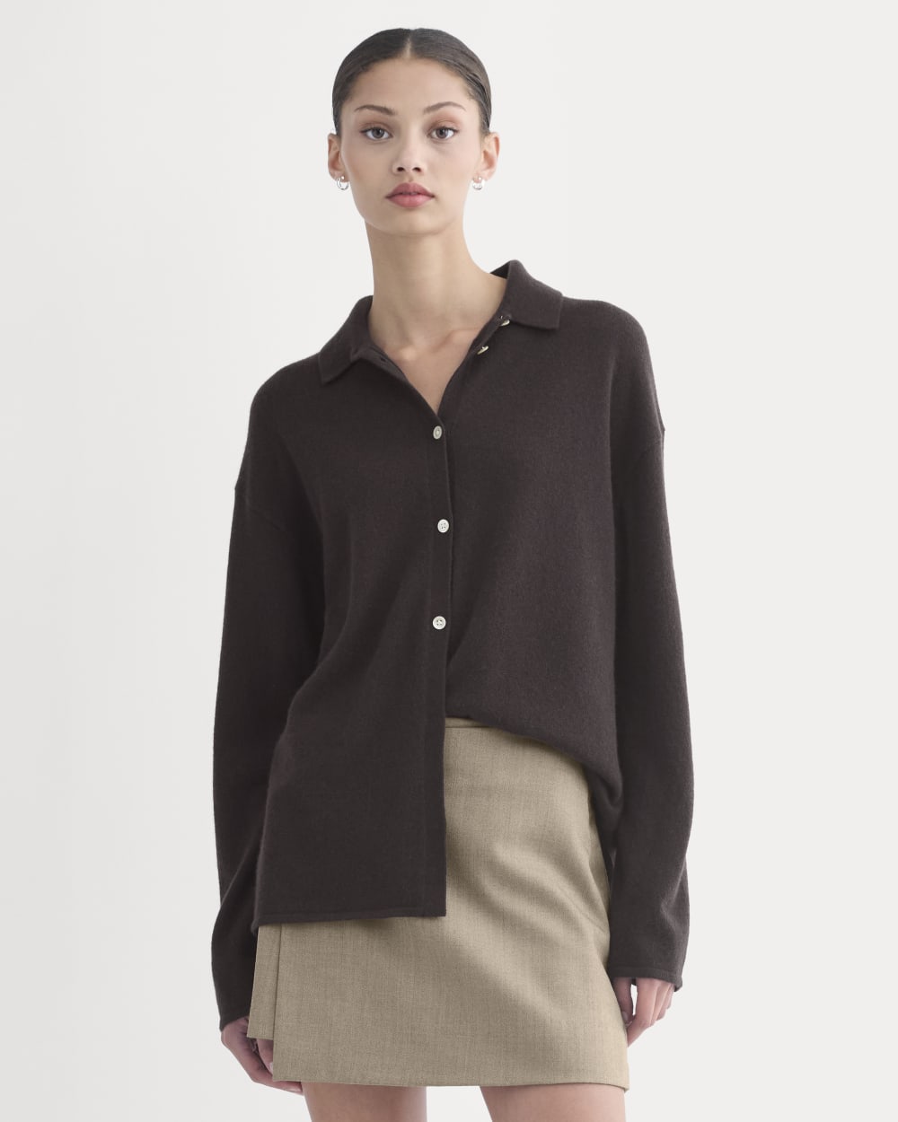 Cashmere Button-Up Shirt in Dark Chocolate — front view