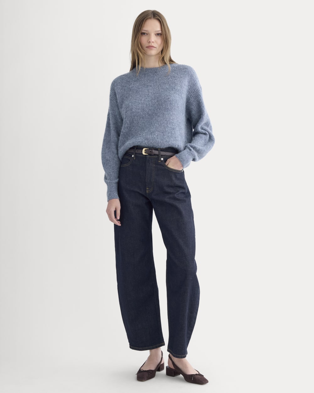 The Cocoon Crew in Alpaca in Heather Sage Blue — detail view