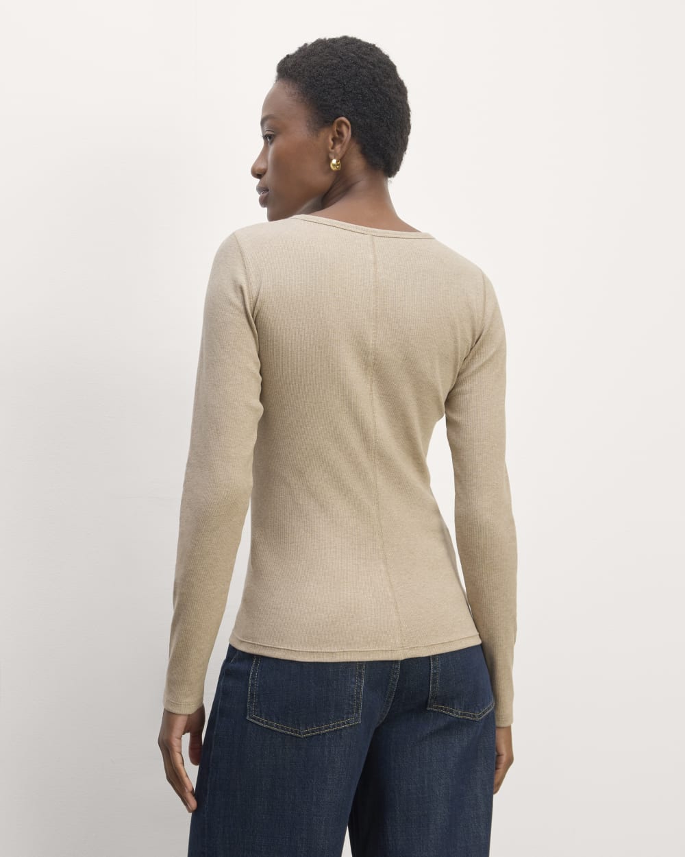 The Luxe Rib Long-Sleeve Crew in Heathered Tan — detail view