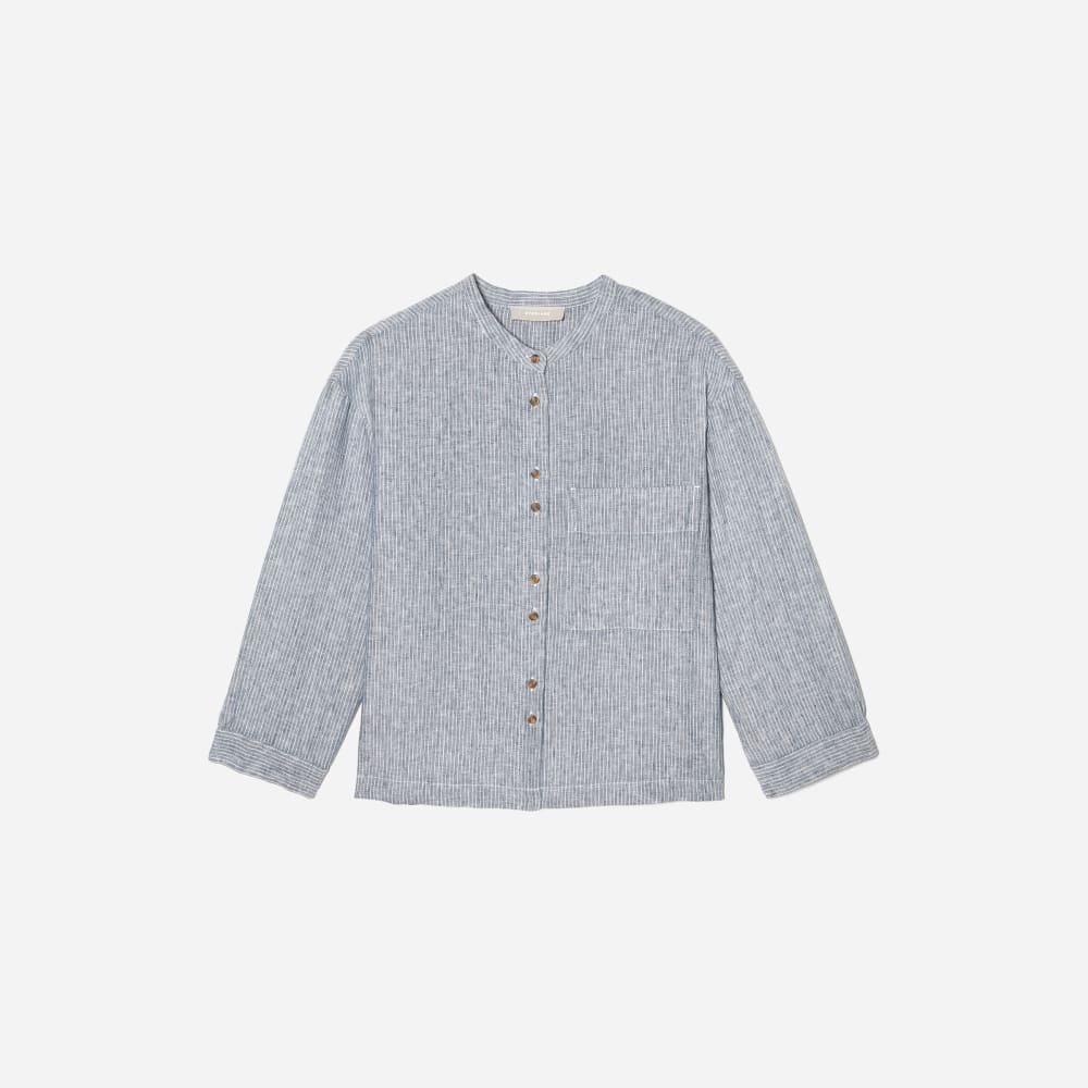 The Linen Billow Blouse in Blue Pinstripe — front view