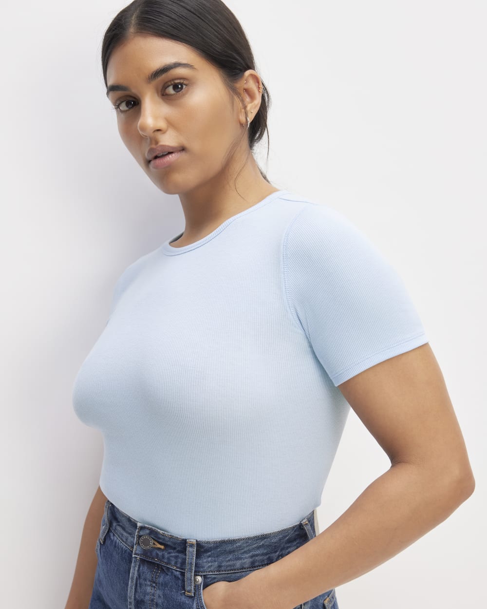 The Luxe Rib Crew in Chambray Blue — detail view