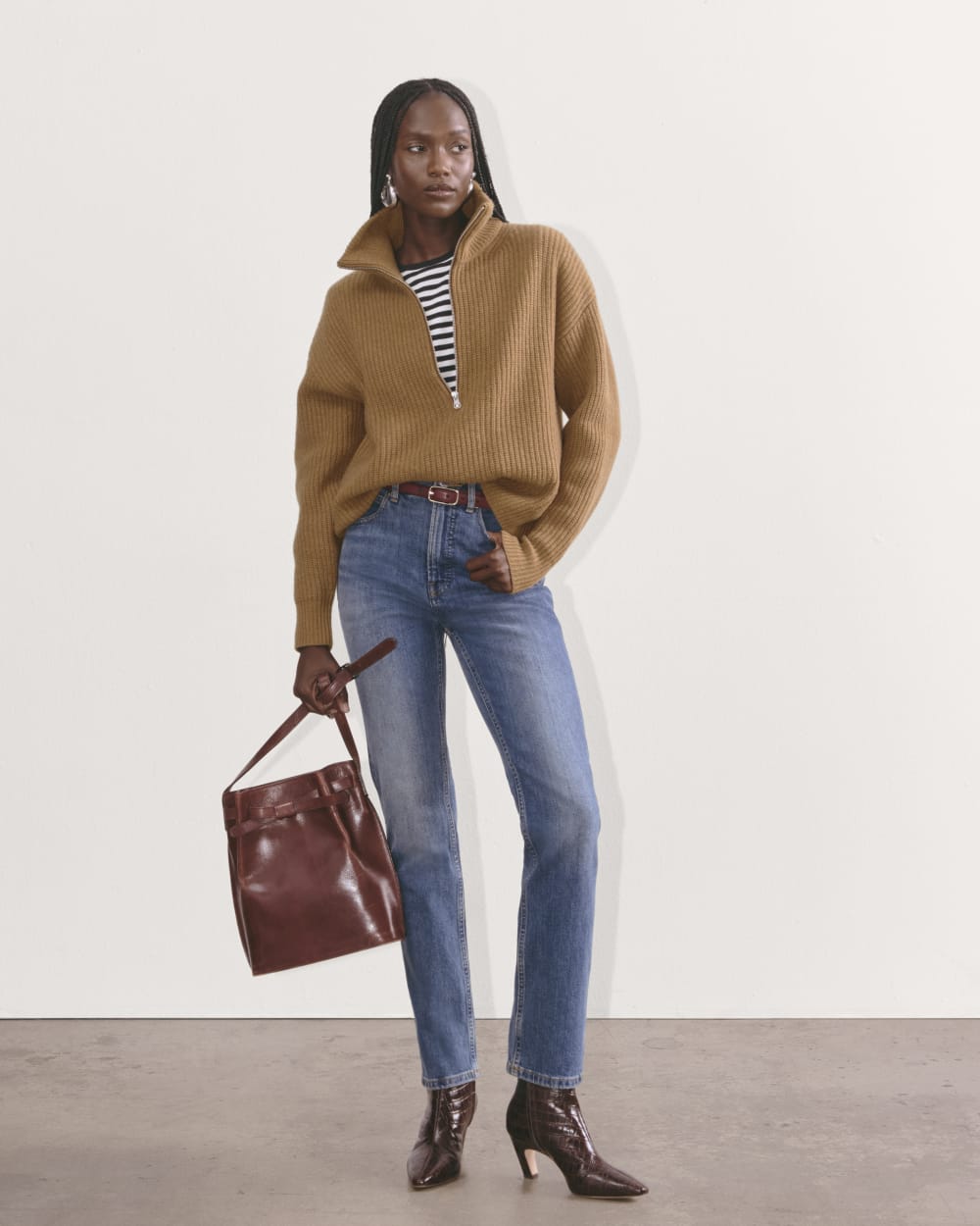 The Half-Zip Sweater in Luxe Merino in Deep Camel — detail view