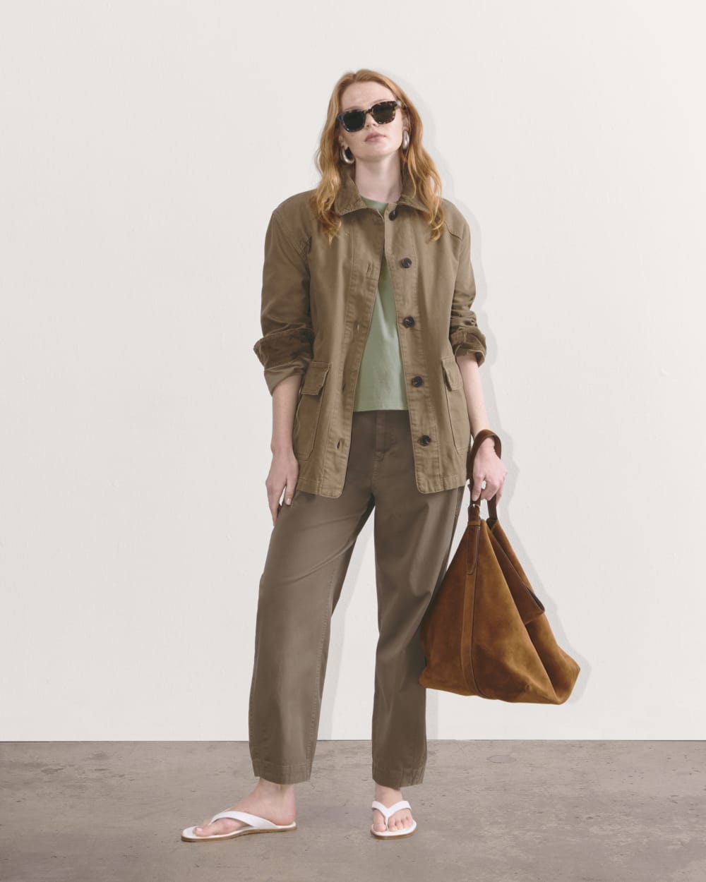 The Box-Cut Tee in Essential Cotton in Sage Green — detail view
