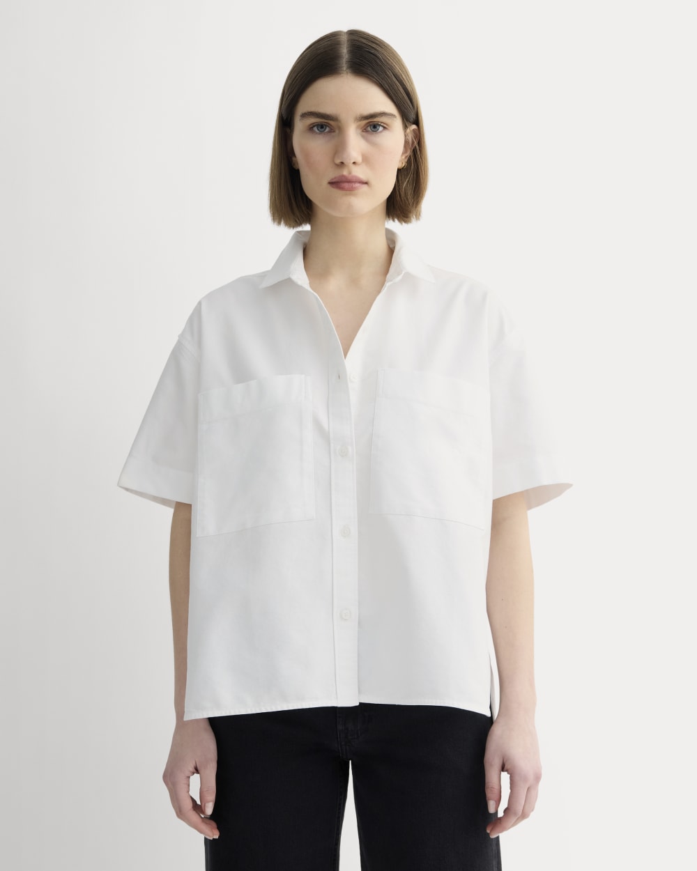 The Short-Sleeve Boxy Oxford in White — front view
