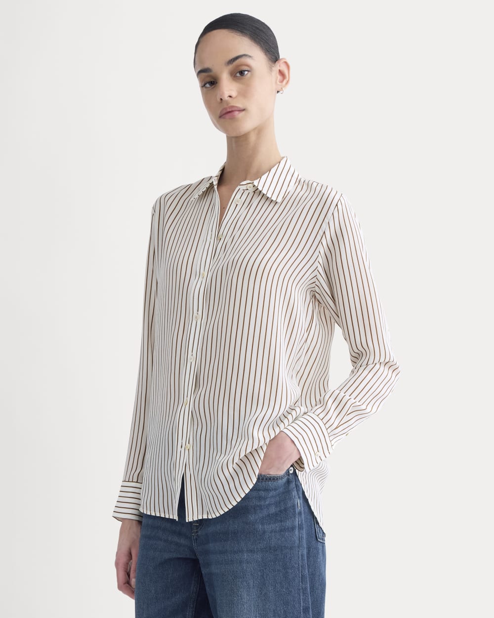 The Must-Have Shirt in Washable Silk in Bone / Toffee Stripe — front view