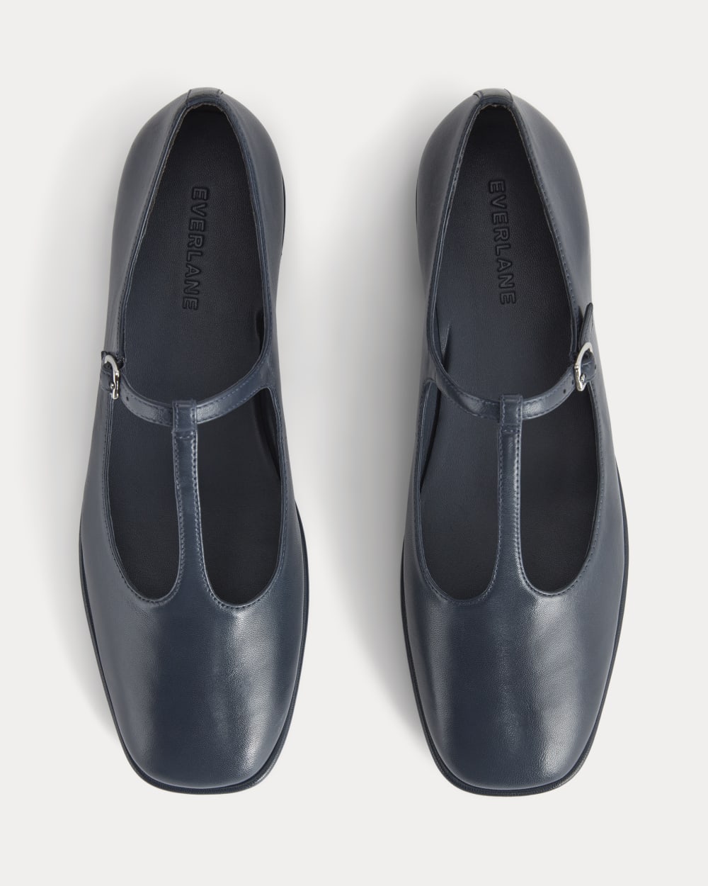 The Leather T-Strap Flat in Navy — detail view