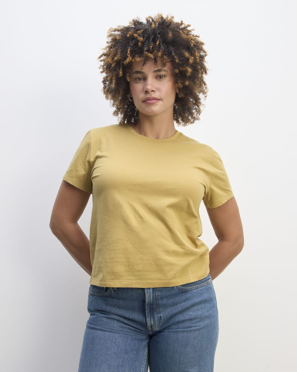 The Box-Cut Tee in Essential Cotton in Golden Oak — front view
