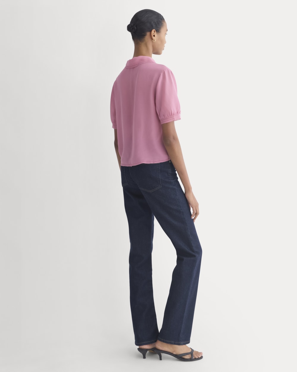 Notch Collar Shirt in Silk Georgette in Heather Rose — detail view