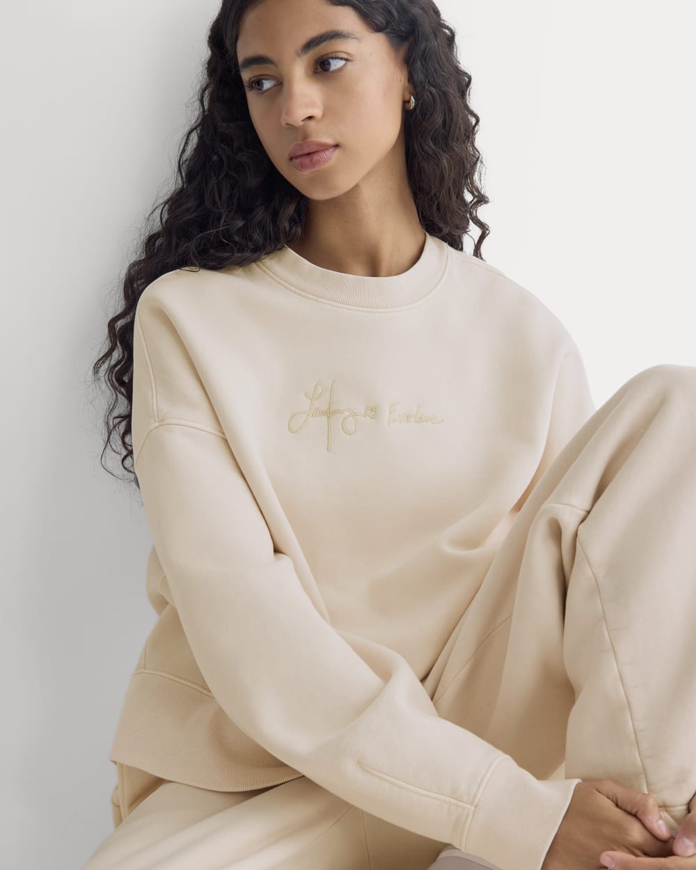 Everlane x The Laufey Foundation Cropped Sweatshirt in Pale Peony — detail view
