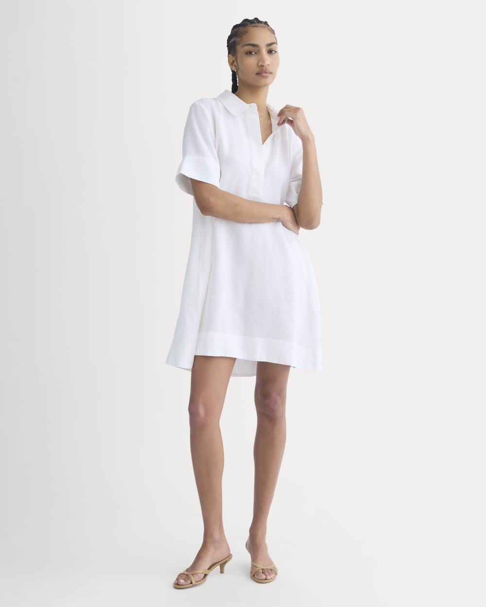 Mini Popover Shirtdress in Linen in White — front view