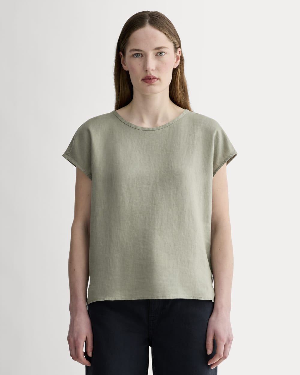 The Muscle Top in Linen in Sage Green — front view