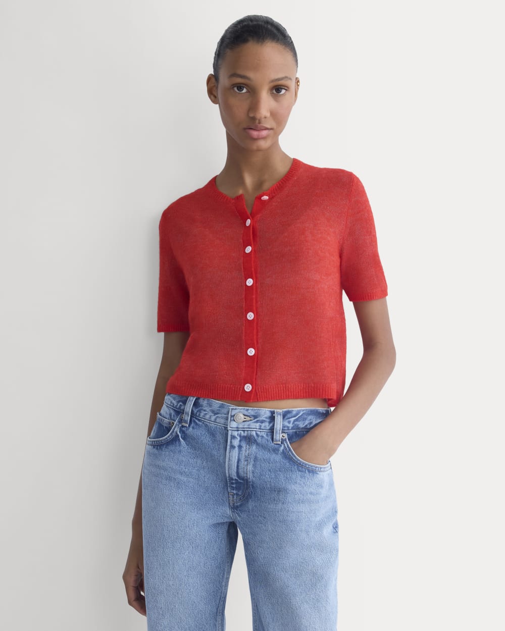 The Air Alpaca™ Short-Sleeve Cardigan in Fiery Red — front view