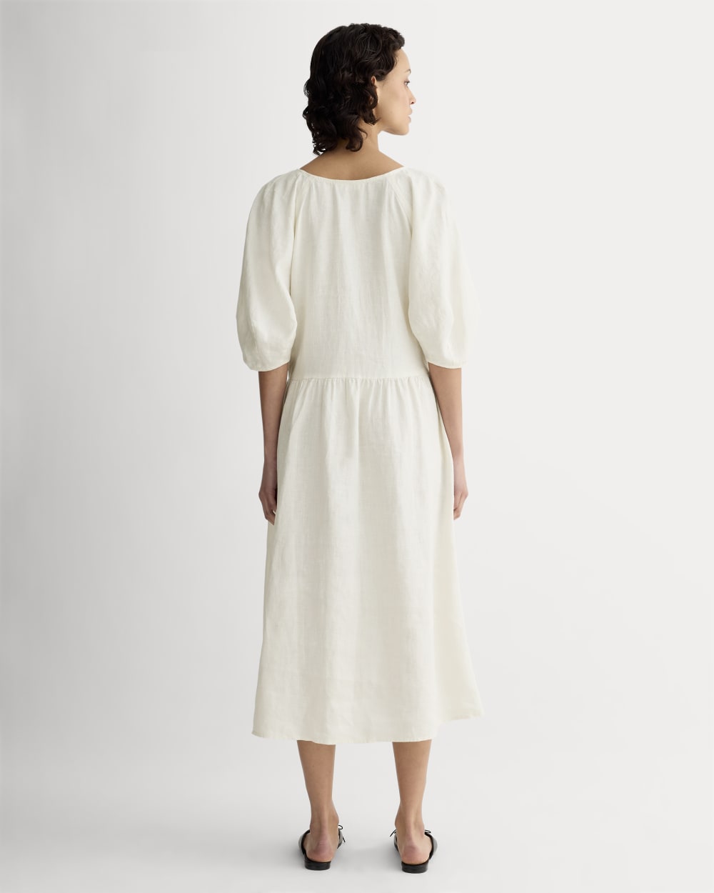 The Linen Oversized Puff-Sleeve Dress in Bone — detail view