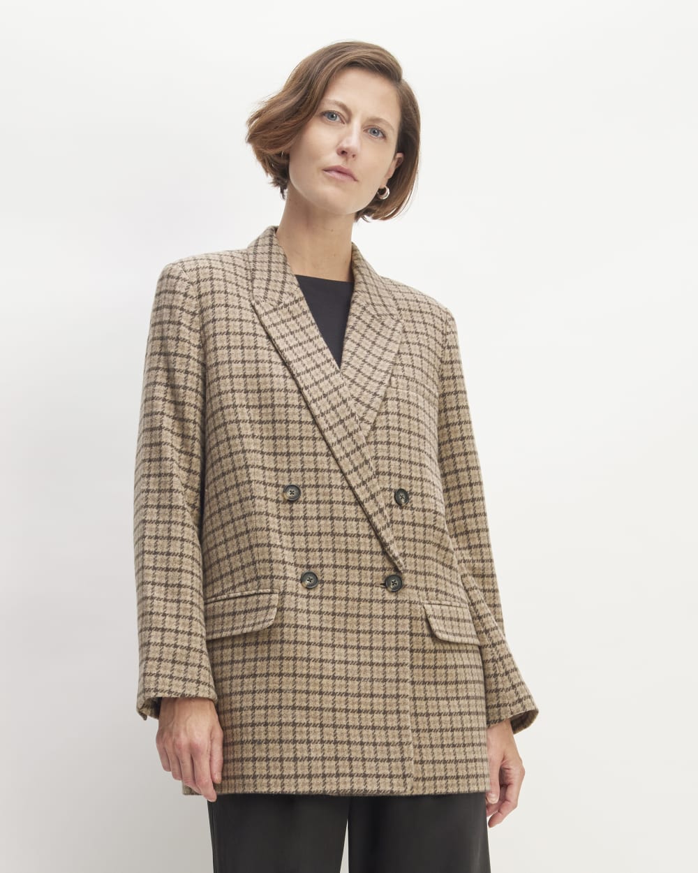 The ReWool® Double-Breasted Blazer in Beige Houndstooth — front view