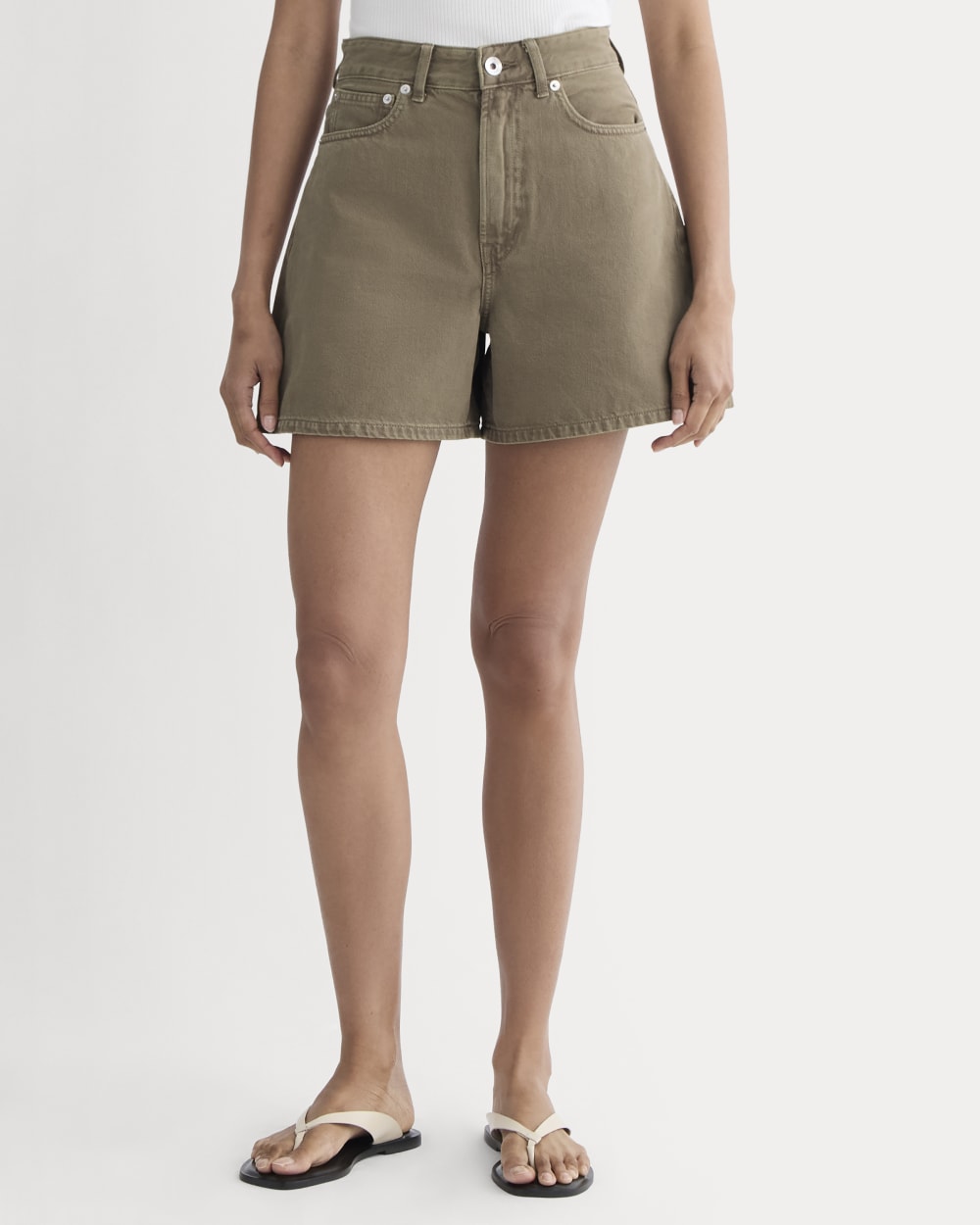 The A-Line Denim Short in Garment-Dyed Chocolate — detail view
