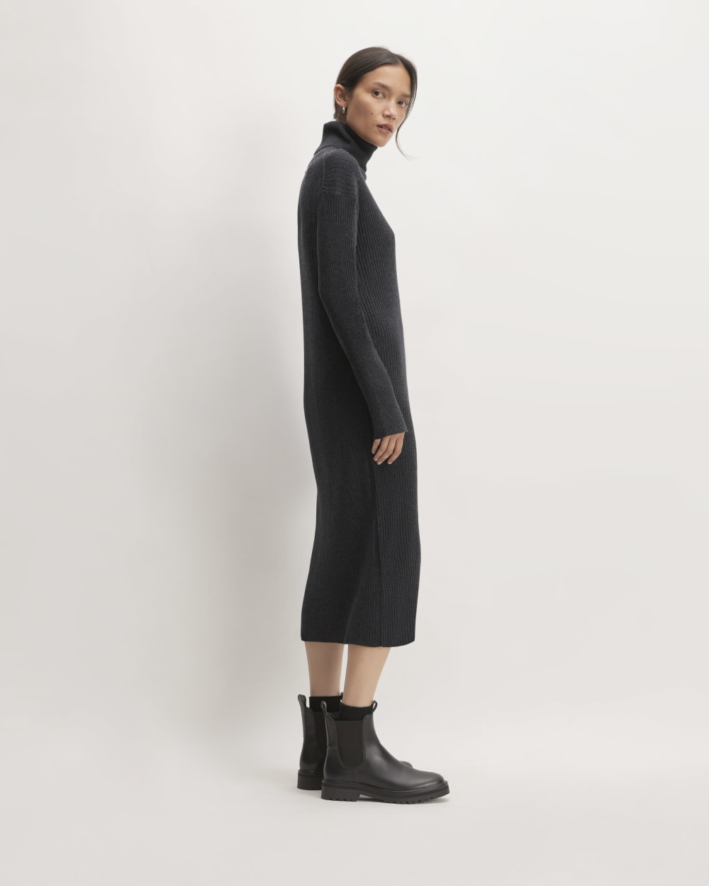 The Cotton-Merino Turtleneck Dress in Heather Charcoal — detail view