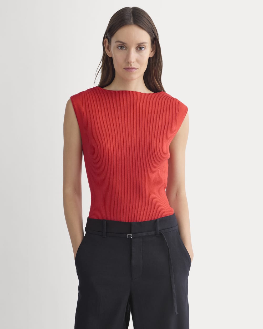 Boat-Neck Ribbed Knit in Fiery Red — front view