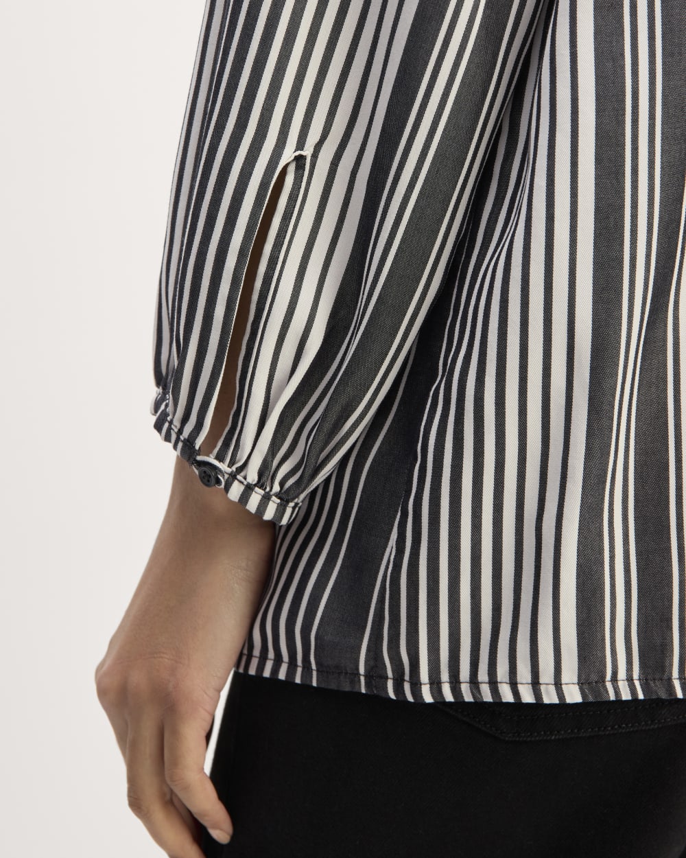 The Gathered Shirt in Butterlite in Black / Bone — detail view
