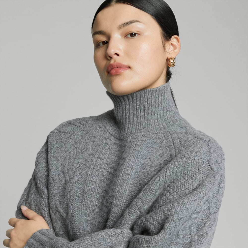 The Felted Merino Cable Sweater in Heathered Mid-Grey — detail view
