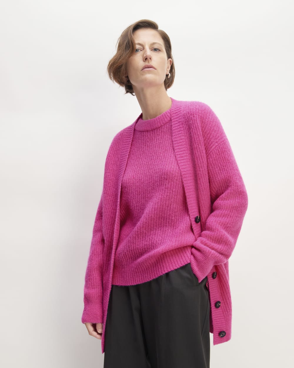 The Alpaca Oversized Cardigan in Fuchsia Pink — front view