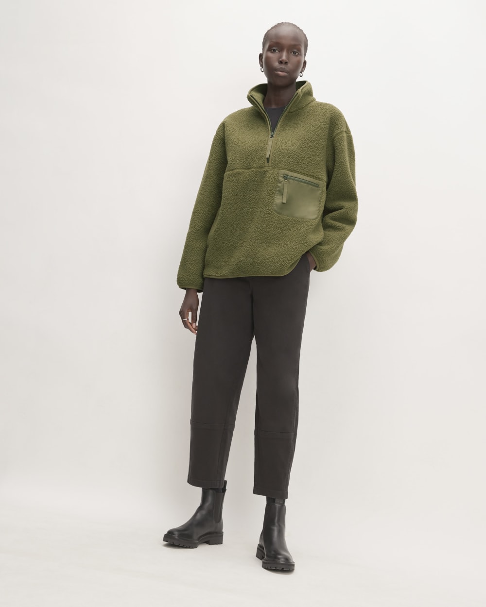 The ReNew Fleece Oversized Half-Zip in Kalamata — detail view