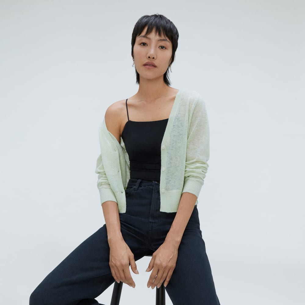 The Featherweight Alpaca Cardigan in Seafoam Green — detail view