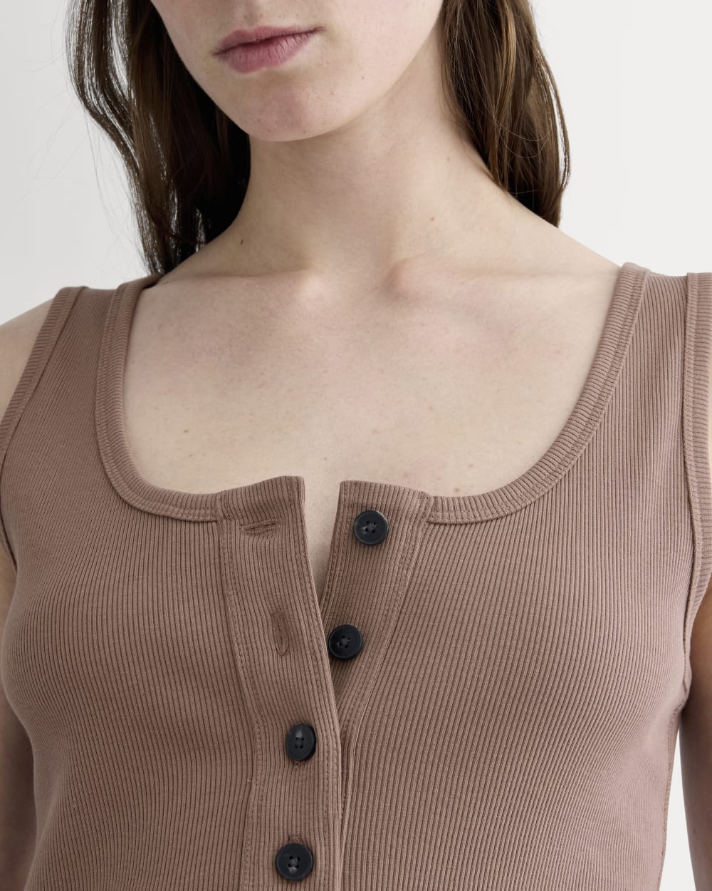 The Selfie Henley Tank in Mocha — detail view