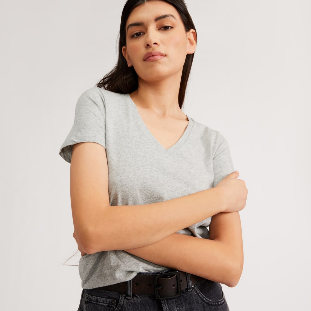 The Organic Cotton V-Neck in Heathered Grey — detail view