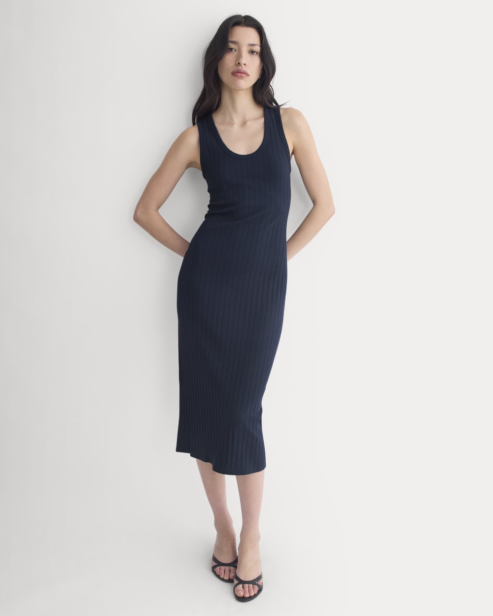 Scoop-Neck Midi Dress in Pointelle Knit in Deep Navy — front view
