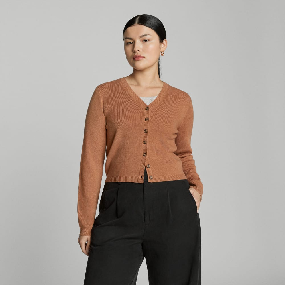 The Luxe Merino Cardigan in Tawny Brown — front view