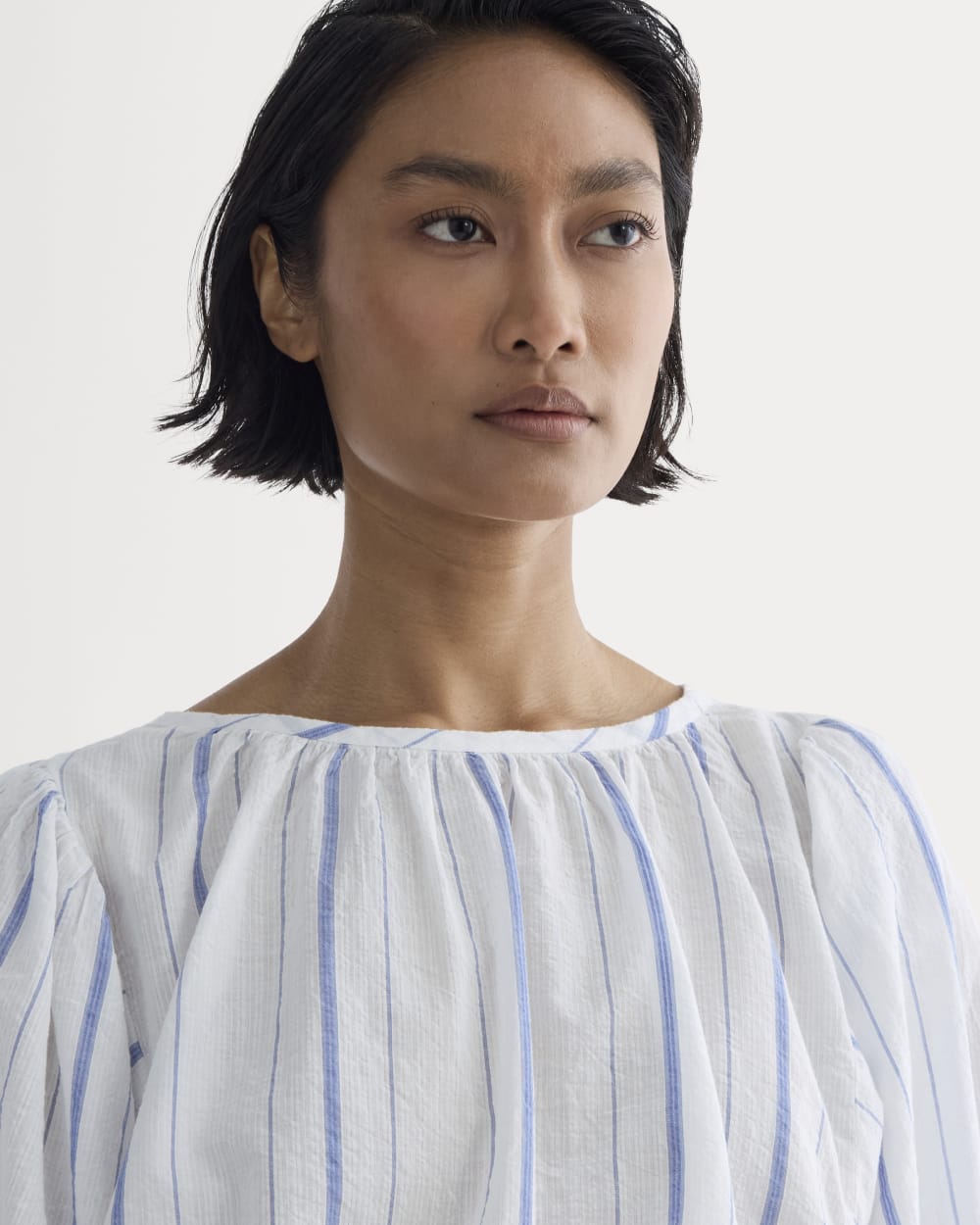 The Gauze Puff-Sleeve Top in Bone / Dutch Blue — detail view