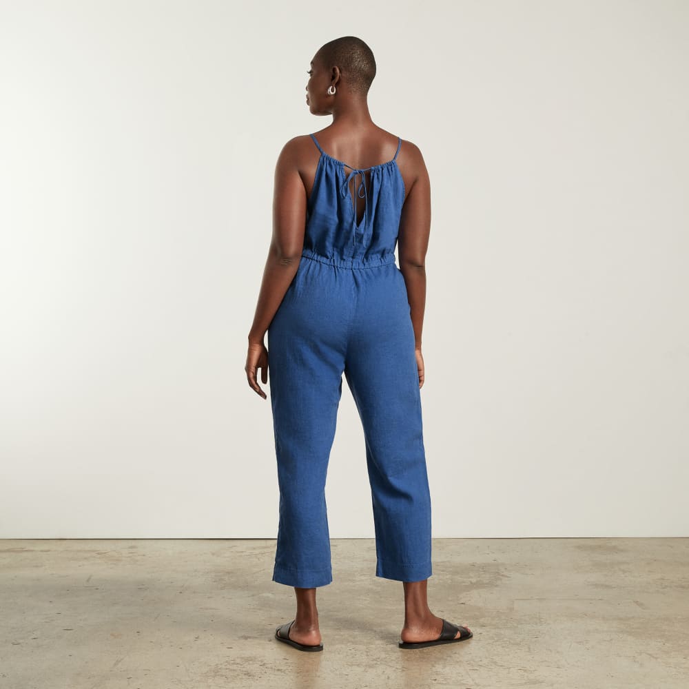 The Linen Shoestring Jumpsuit in Deep Blue — detail view