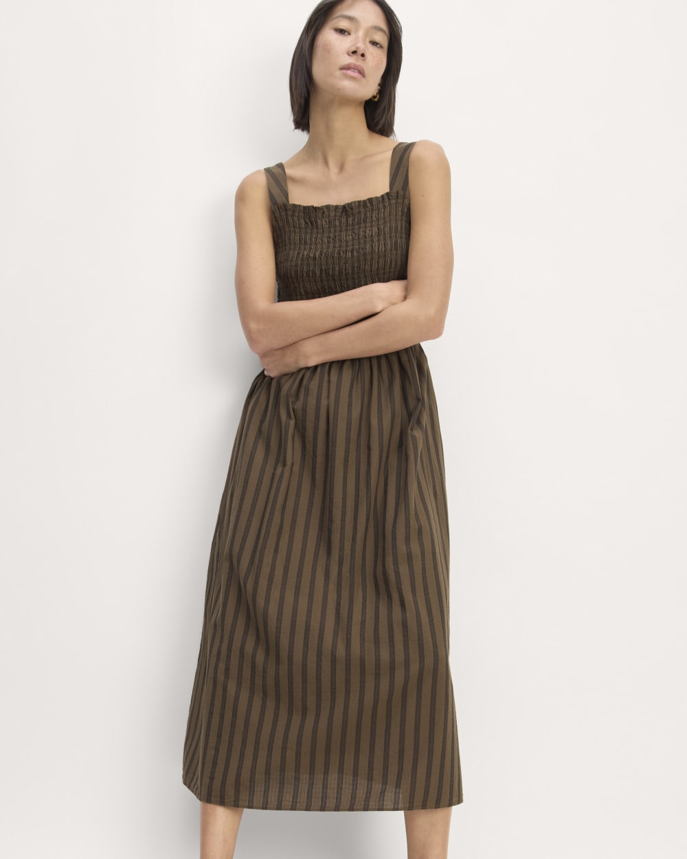 The Gauze Smock Dress in Cocoa / Black — detail view