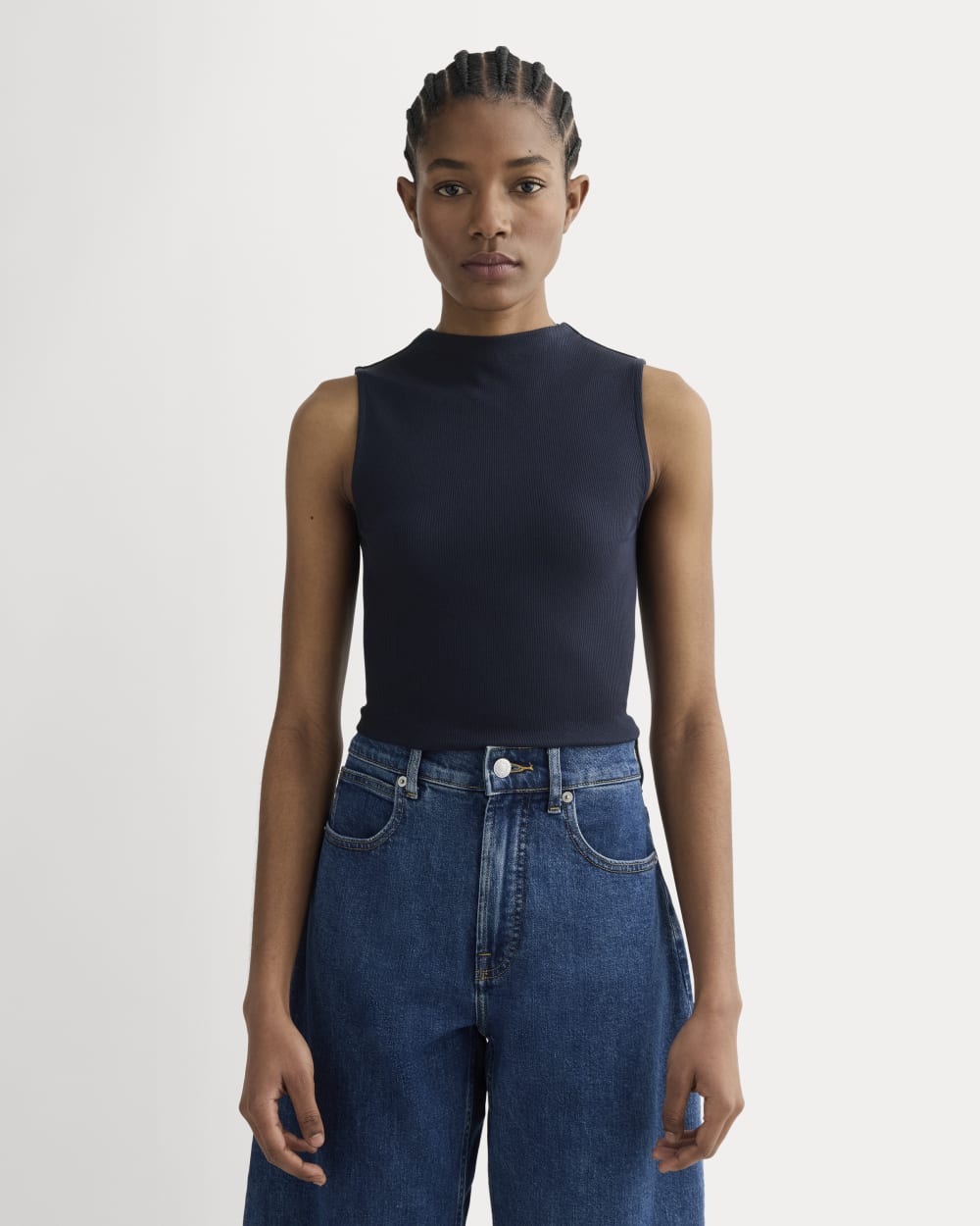 The Luxe Rib Funnel-Neck Tank in Navy — front view