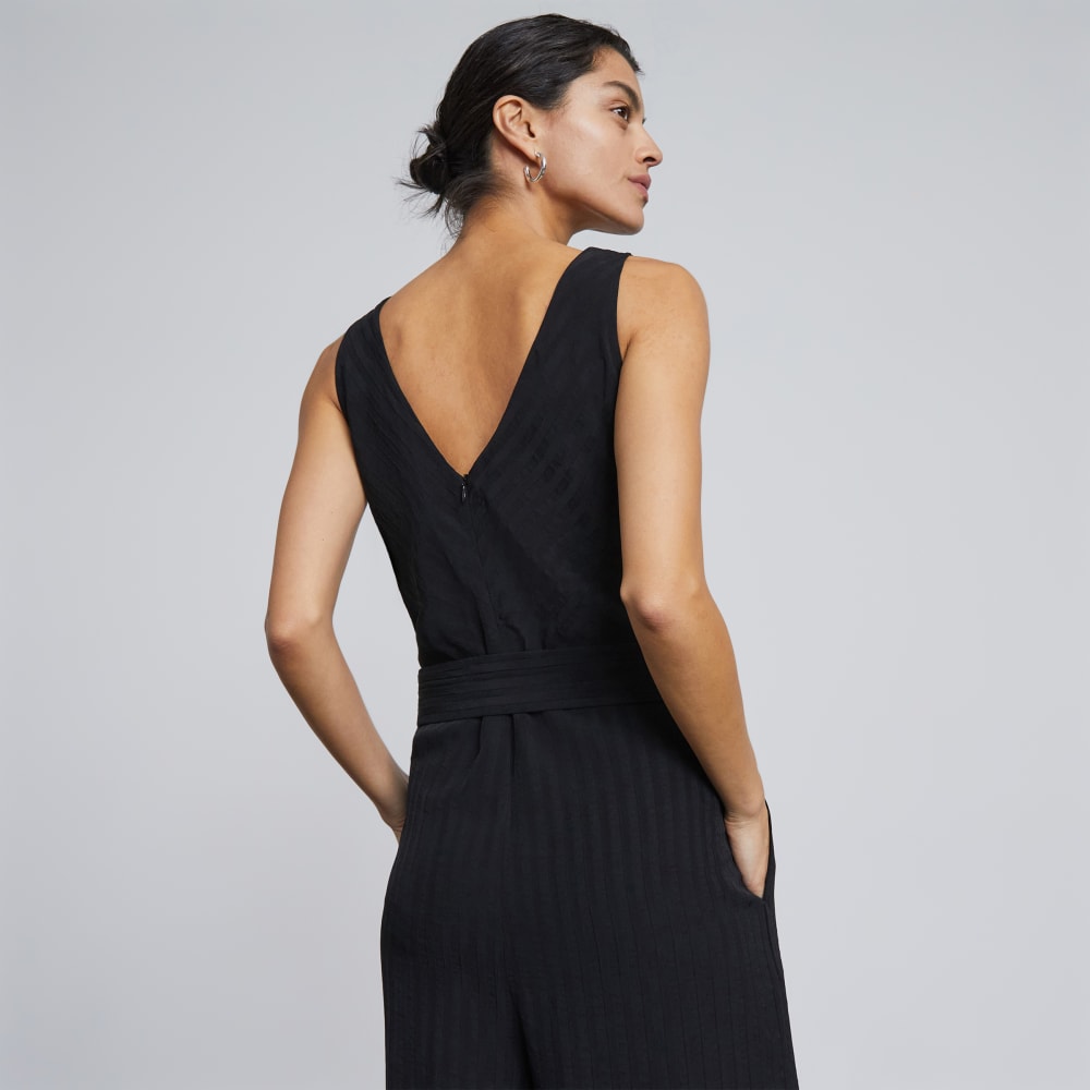 The City Stripe Draped Jumpsuit in Black — detail view