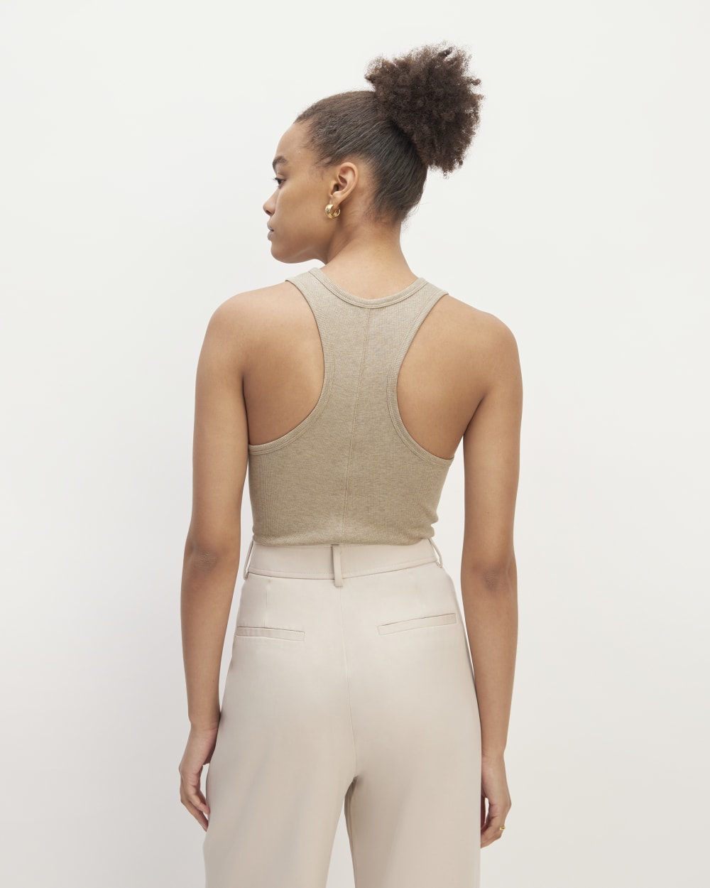 The Luxe Rib Racerback Tank in Heathered Tan — detail view