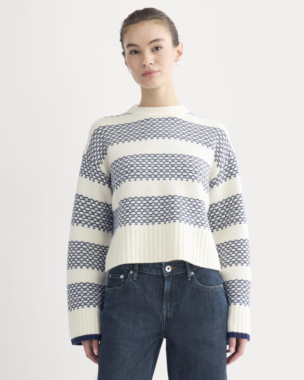 Nordic Cropped Boxy Crew in Luxe Merino in Bone/True Navy — front view