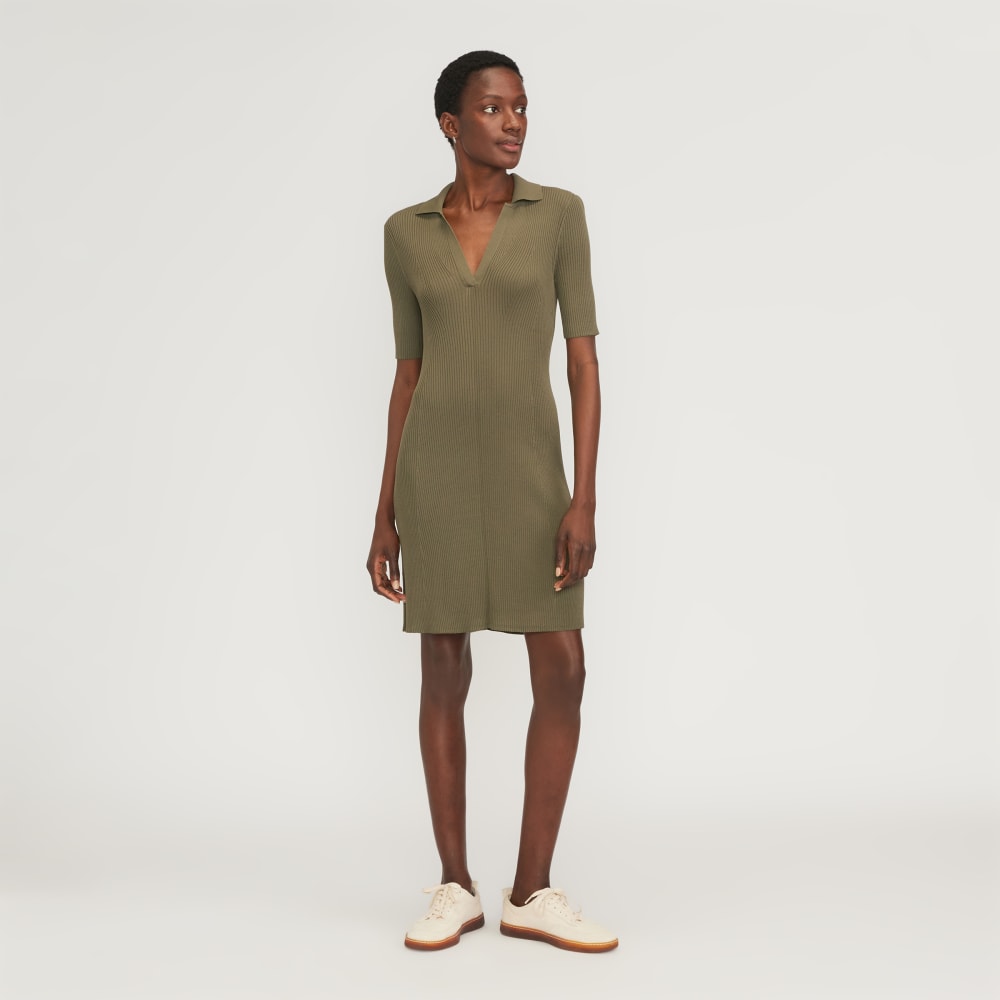 The Ribbed Short-Sleeve Polo Dress in Kalamata — front view