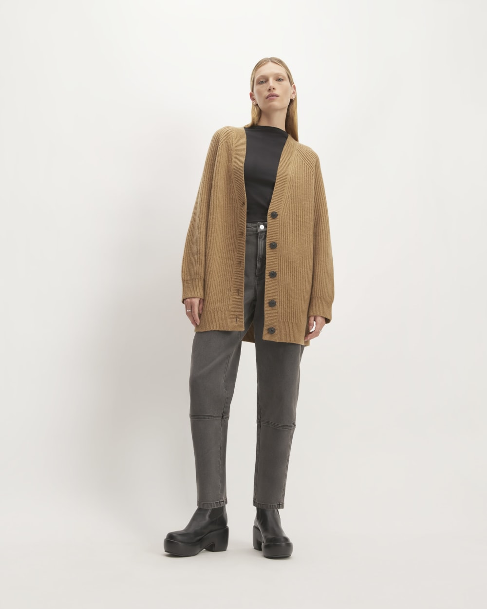 The Felted Merino Cocoon Cardigan in Deep Camel — detail view