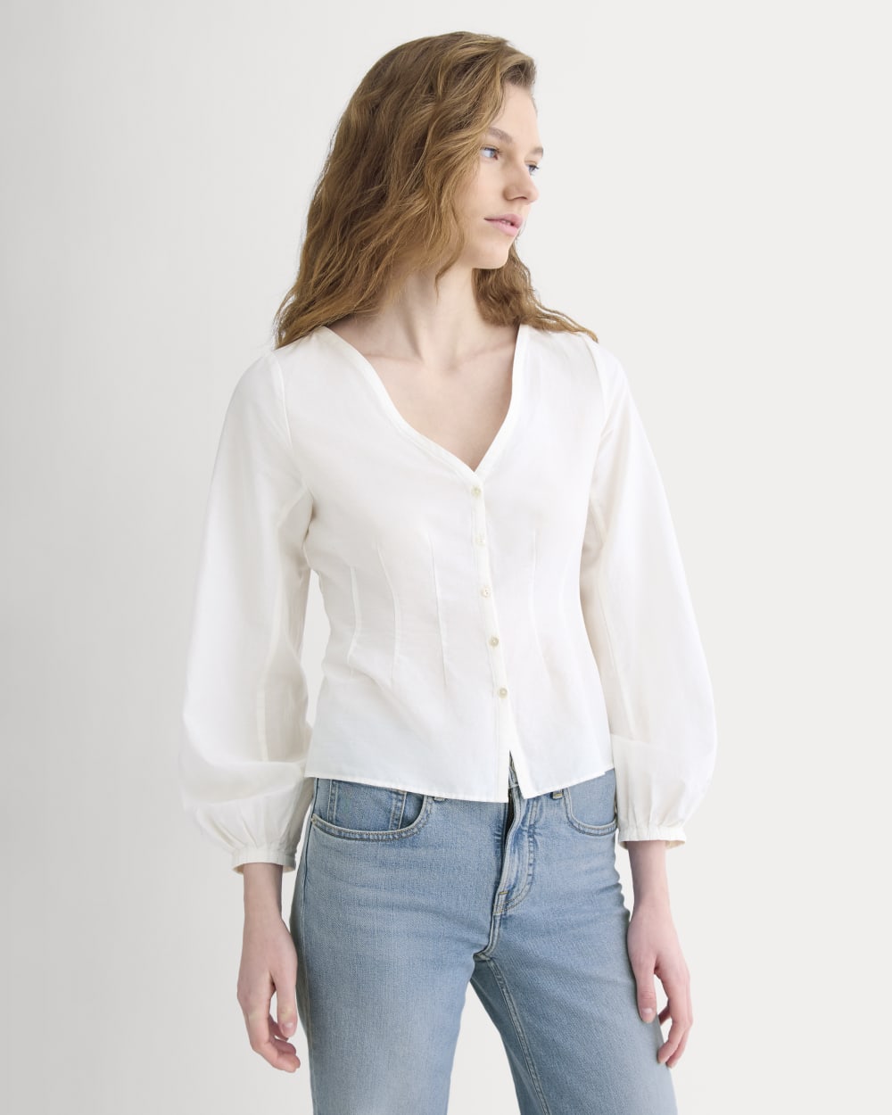 Balloon Sleeve Top in Cotton Silk in Bone — detail view