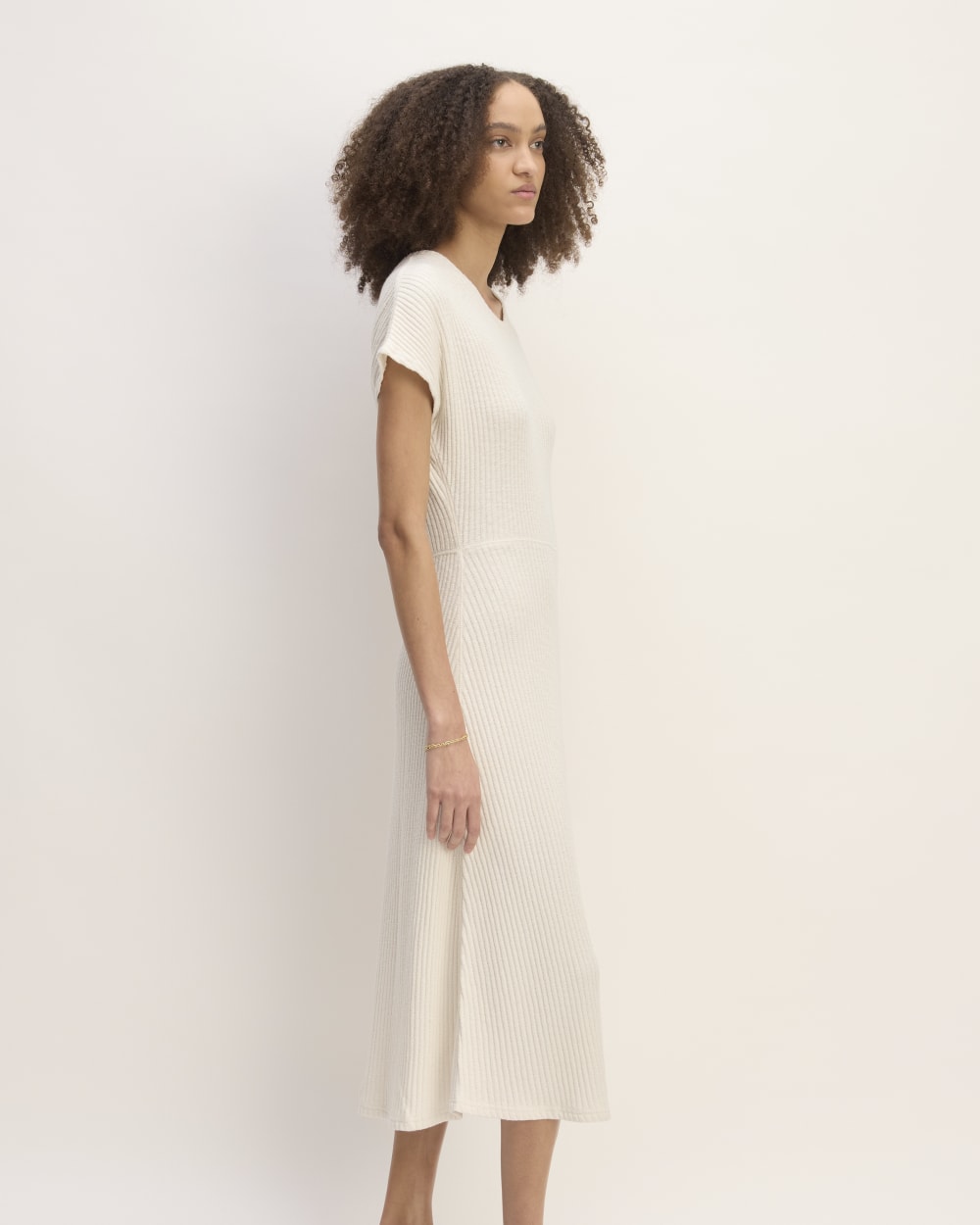 The Rib-Knit Cap-Sleeve Midi Dress in Bone — detail view