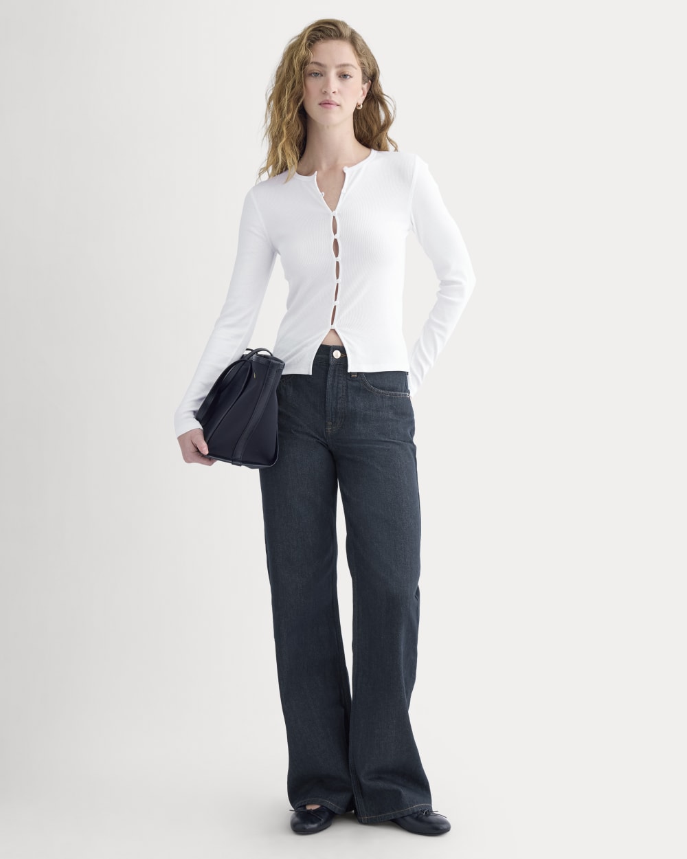Luxe Rib Button-Up Top in White — detail view
