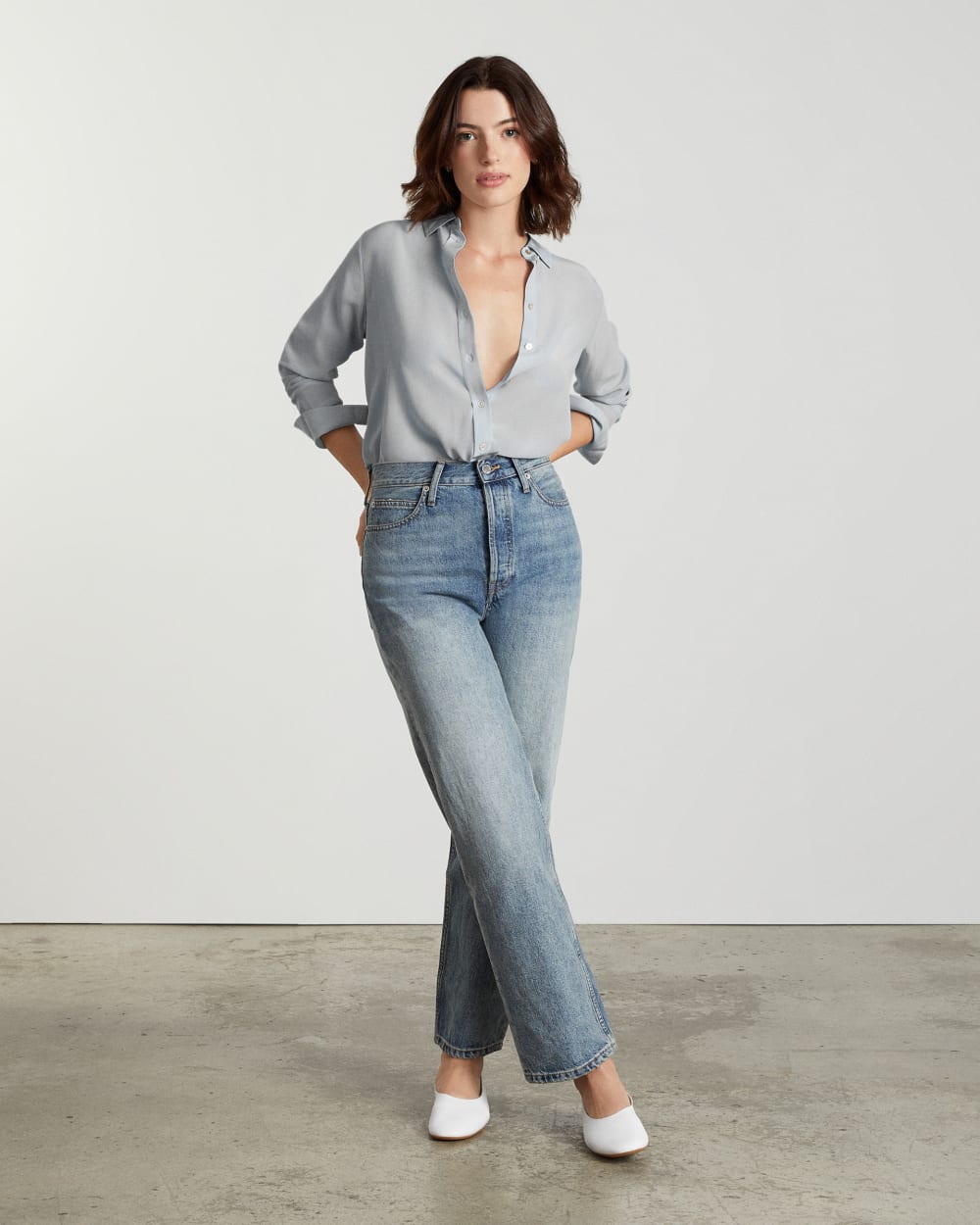 The Must-Have Shirt in Washable Silk in Sky — detail view