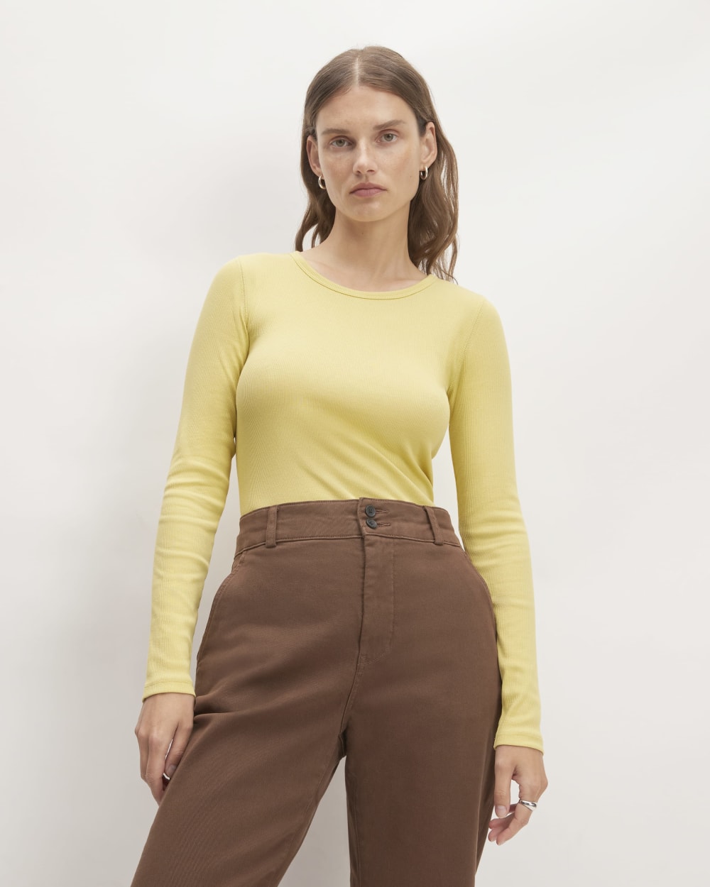 The Luxe Rib Long-Sleeve Crew in Raffia — front view