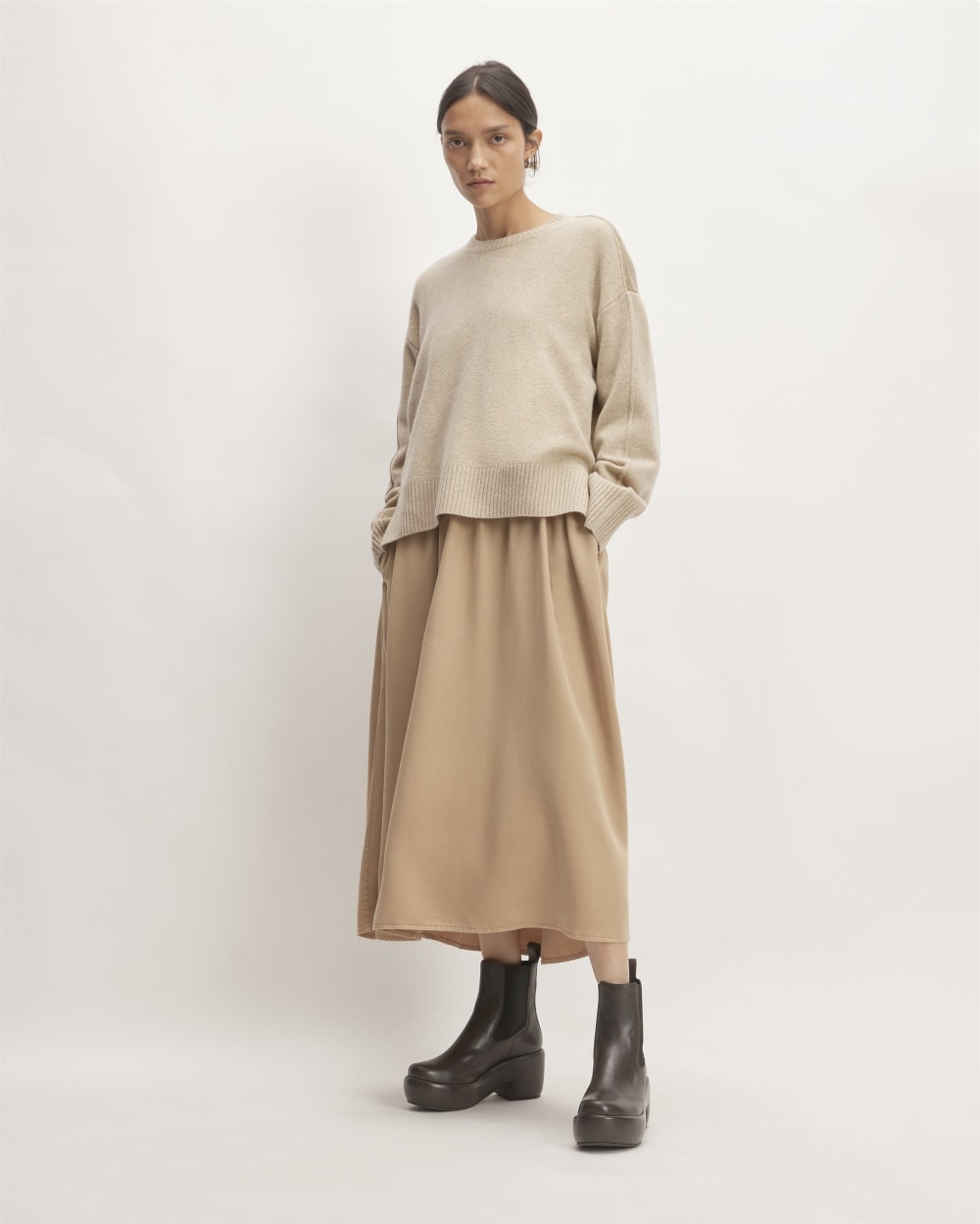 The Good Merino Wool Crewneck Sweater in Light Camel / Dark Oat — detail view