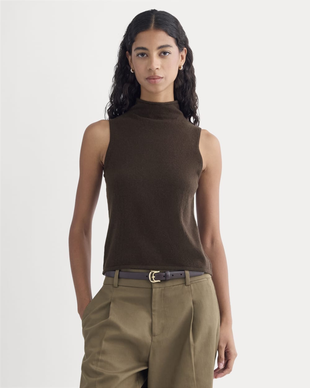Cashmere Funnel-Neck Tank in Dark Chocolate — front view