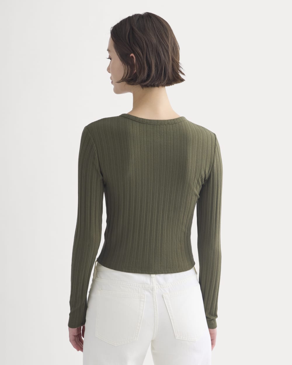 Cardigan in Pointelle in Olive Night — detail view