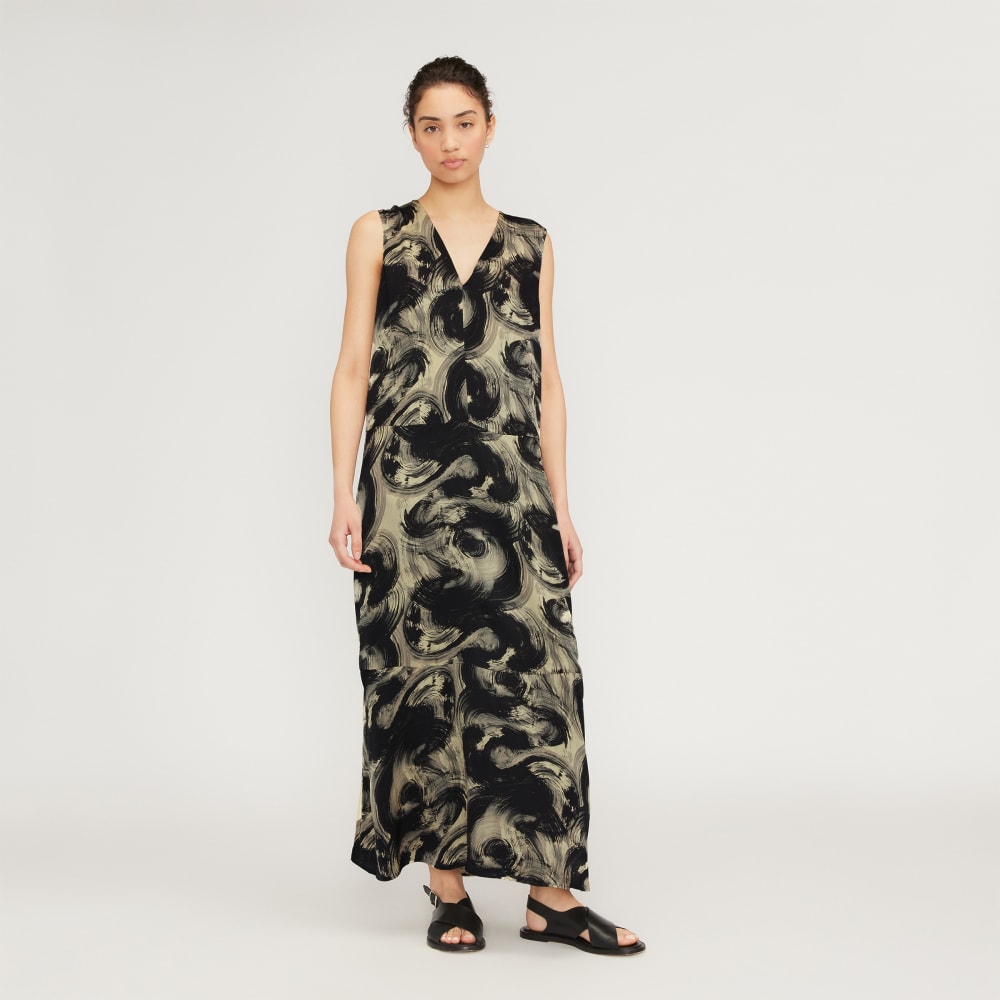 The Satin V-Neck Maxi Dress in Pale Yellow / Black — front view