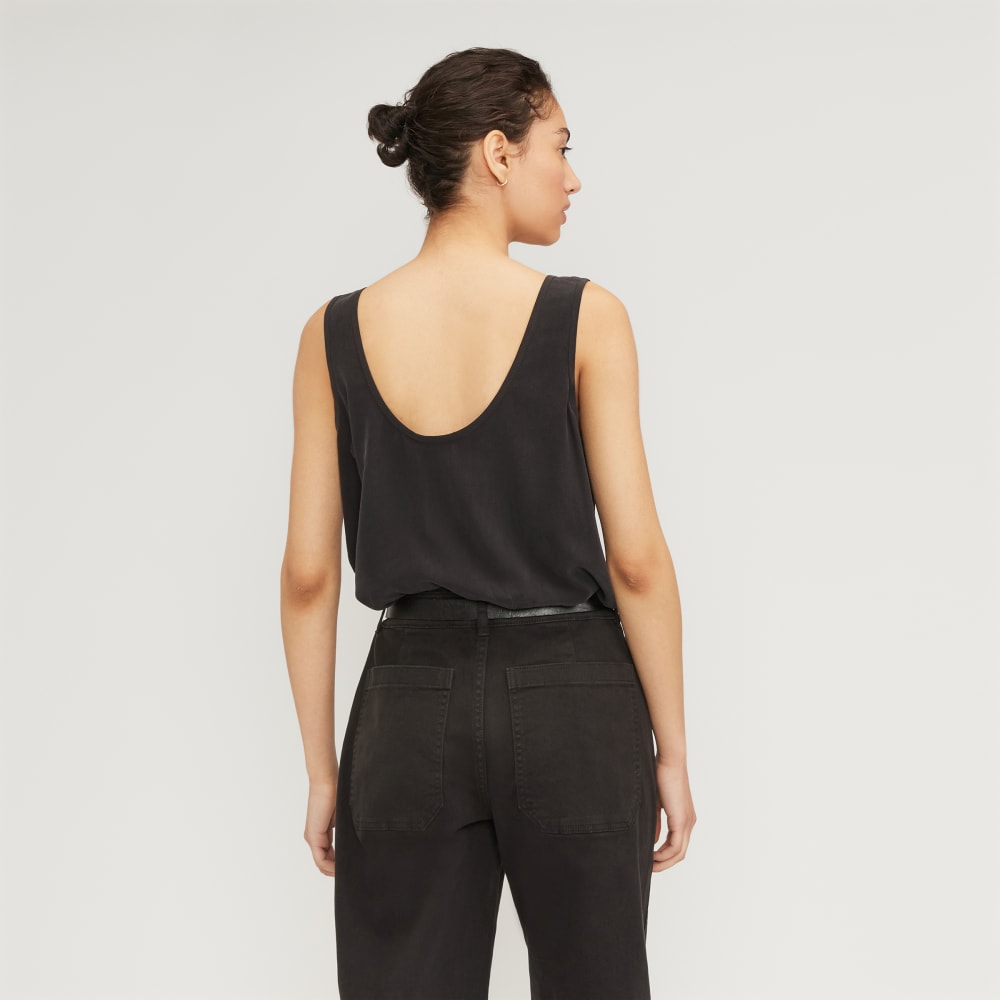 The Scoop Tank in Washable Silk in Black — detail view