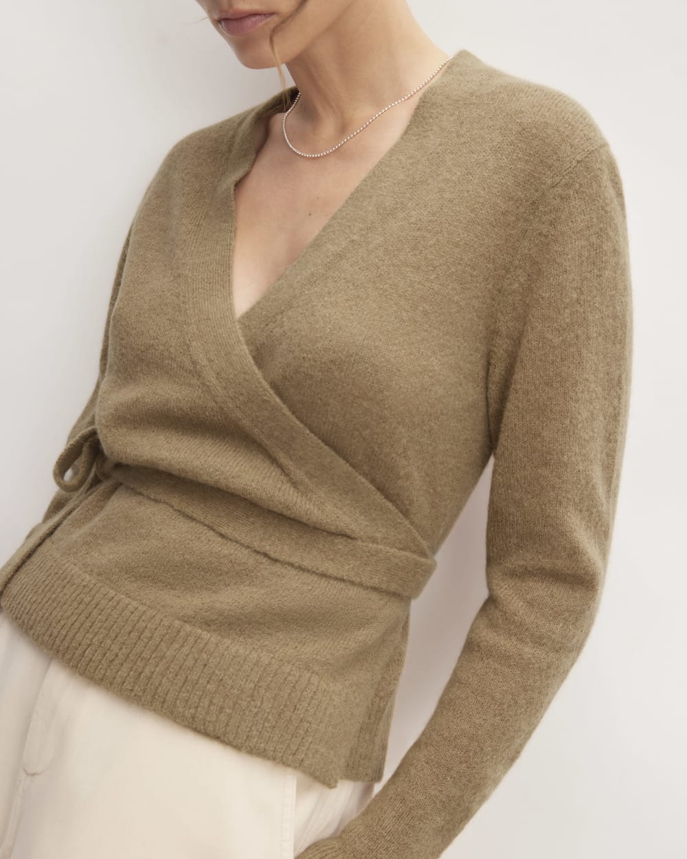 The Alpaca Wrap Sweater in Tiger's Eye — detail view
